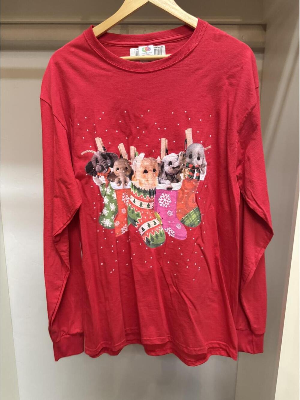 Fruit of the Loom Red Christmas Dogs in Stockings Long Sleeve Graphic T-Shirt